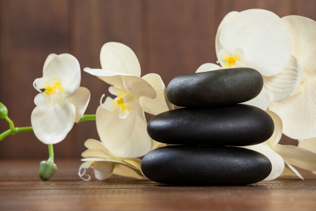 Pila de piedras de cantos rodados con flores