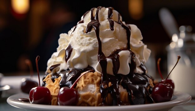 Pila de sundae de helado de chocolate y fresa generada por IA