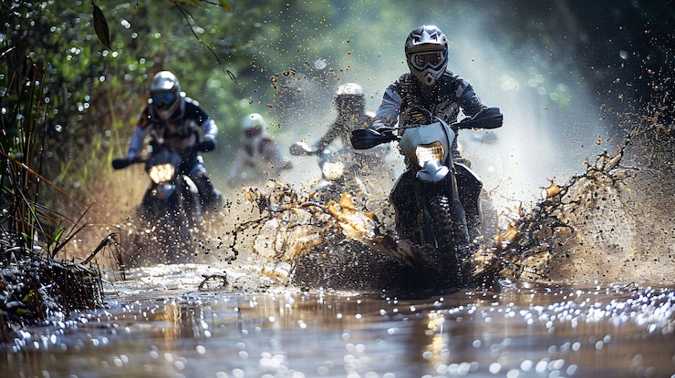 Foto gratuito piloto de motocicleta de tierra que participa en carreras y circuitos para la emoción de la aventura con motocicleta