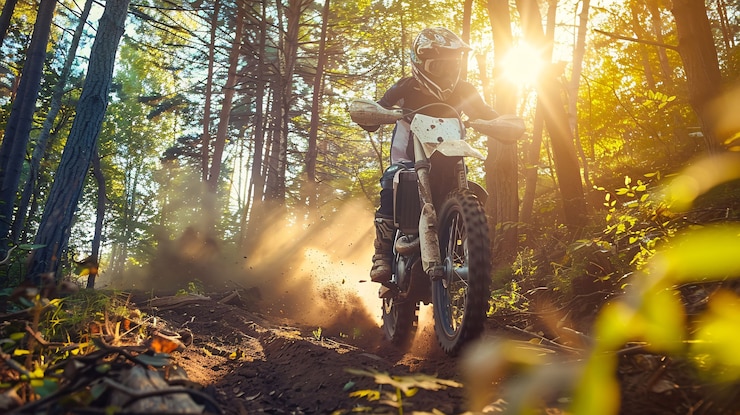 Foto gratuito piloto de motocicleta de tierra que participa en carreras y circuitos para la emoción de la aventura con motocicleta