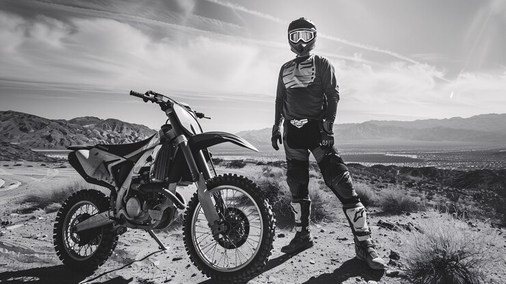 Foto gratuito piloto de motocicleta de tierra que participa en carreras y circuitos para la emoción de la aventura con motocicleta