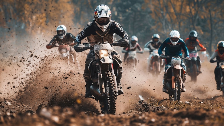 Foto gratuito piloto de motocicleta de tierra que participa en carreras y circuitos para la emoción de la aventura con motocicleta