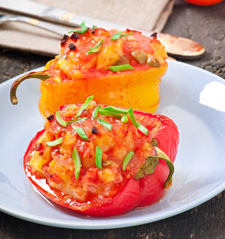 Foto gratuito pimientos rellenos de papas y chorizo