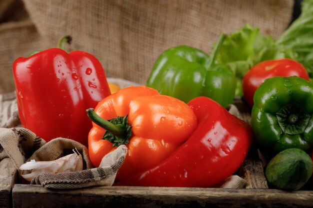 Pimientos rojos y amarillos con vegetación.