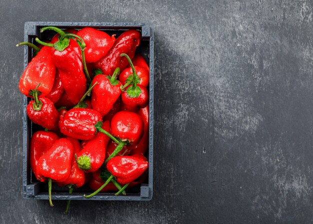 Pimientos rojos en una caja de madera en la pared gris sucia, vista superior.