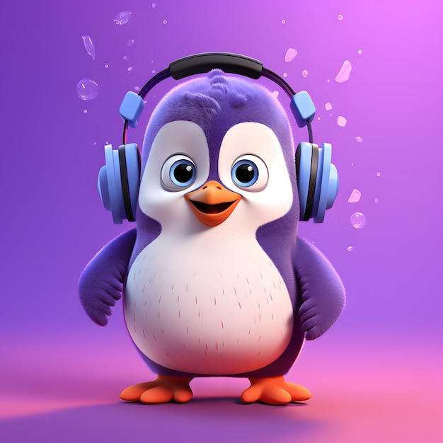 Pingüino animado de dibujos animados con auriculares