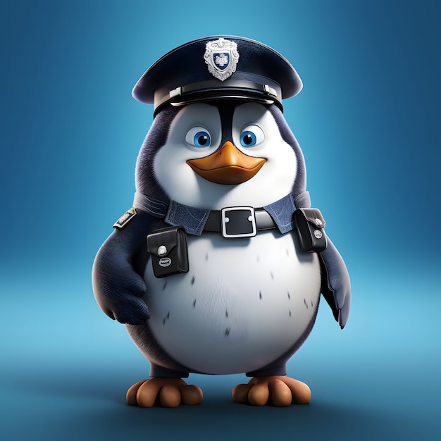 Pingüino animado de dibujos animados con traje de oficial de policía