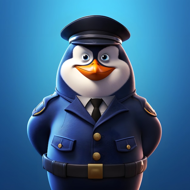 Pingüino animado de dibujos animados con traje de oficial de policía