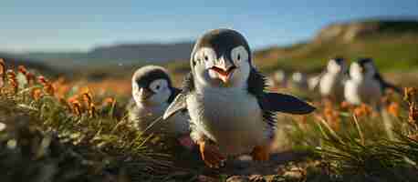 Foto gratuita pingüinos gentoo en una pradera
