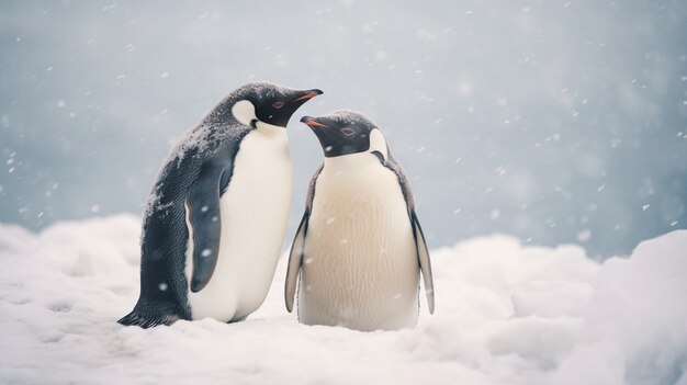 Pingüinos lindos de pie uno al lado del otro y mostrando afecto