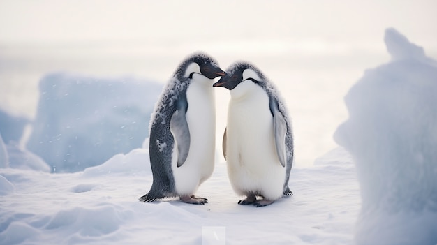 Pingüinos lindos de pie uno al lado del otro y mostrando afecto