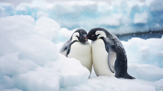 Pingüinos lindos de pie uno al lado del otro y mostrando afecto