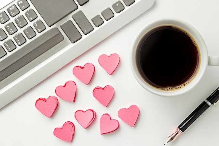 Foto gratuito pink hearts coffee keyboard and pen on white desk