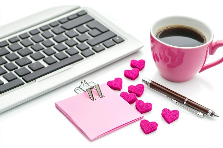 Foto gratuito pink hearts notepad laptop coffee pen a romantic workspace