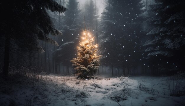 Pino iluminado en la noche del bosque nevado generado por IA