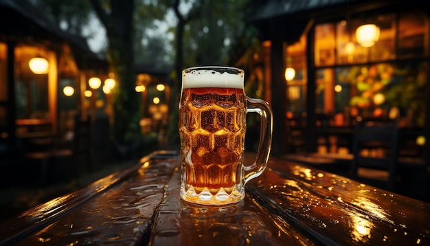 Una pinta espumosa de cerveza en una mesa de madera en un pub generada por inteligencia artificial