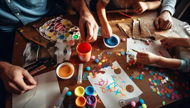 Pintar diversión en interiores creatividad multicolor junto con la familia generada por IA