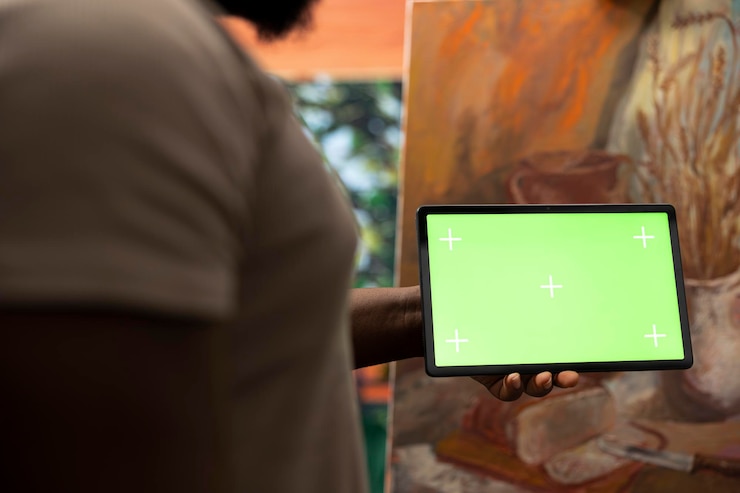 Foto gratuito pintor afroamericano usando un dispositivo con pantalla de espacio de copia en el taller