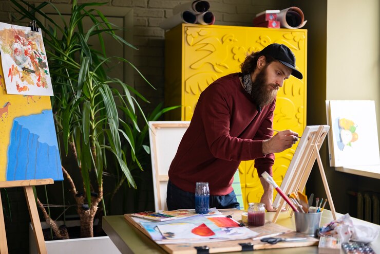 Foto gratuito pintor masculino usando acuarela en su arte en el estudio.