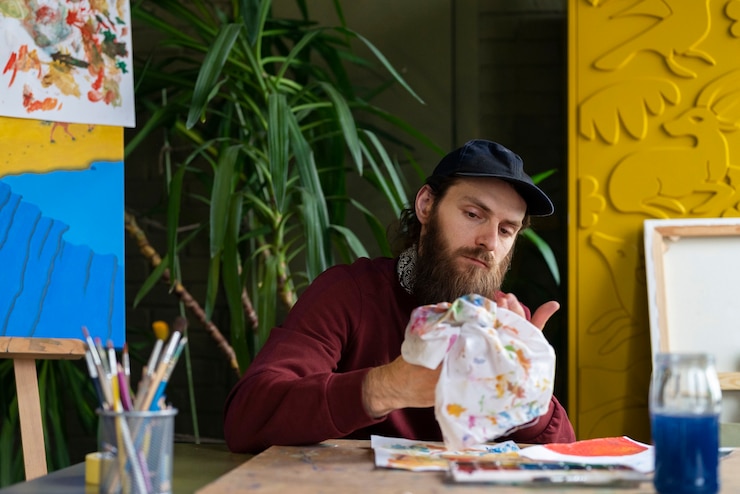 Foto gratuito pintor masculino usando acuarela en su arte en el estudio.