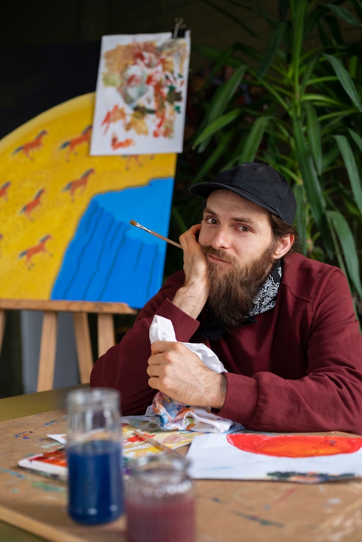 Foto gratuito pintor masculino usando acuarela en su arte en el estudio.