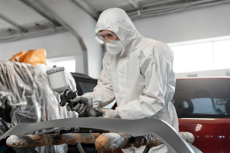 Foto gratuito pintor masculino vestido con traje de materiales peligrosos dentro de la tienda de automóviles