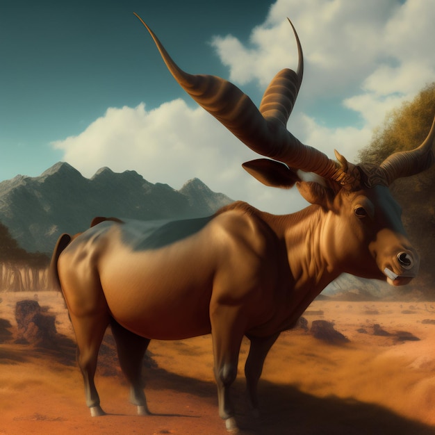 Foto gratuita una pintura de un animal con cuernos con montañas al fondo.