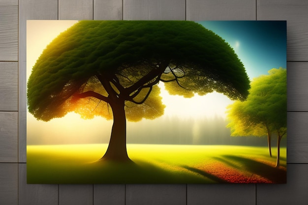 Una pintura de un árbol con el sol brillando sobre él.