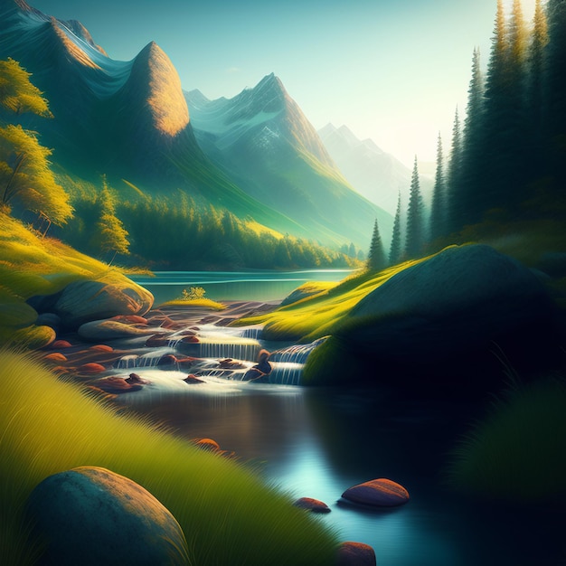 Foto gratuita una pintura de un arroyo de montaña con una montaña al fondo.