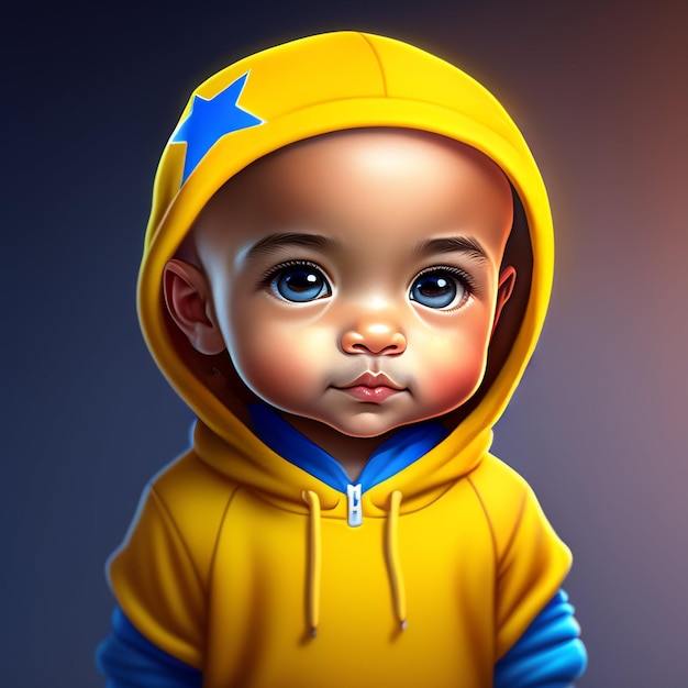 Una pintura de un bebé con una sudadera con capucha amarilla con una estrella.
