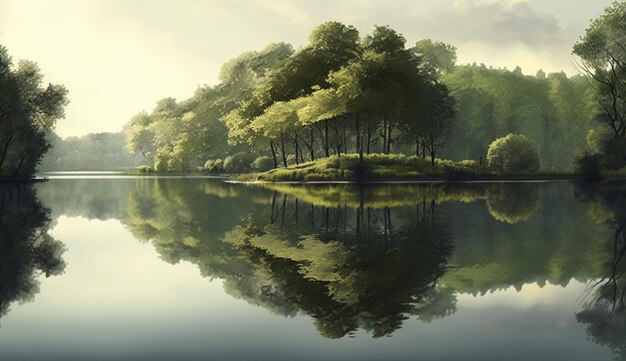 Una pintura de un bosque con el reflejo de los árboles en el agua.