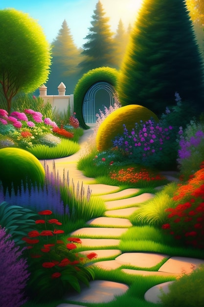 Una pintura de un camino que conduce a un jardín con flores.