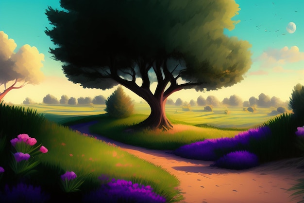 Foto gratuita una pintura de un campo de lavanda con un árbol en el medio.