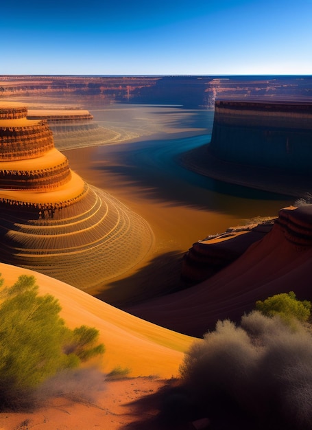 Foto gratuita una pintura de un cañón con un cielo azul y árboles al fondo.