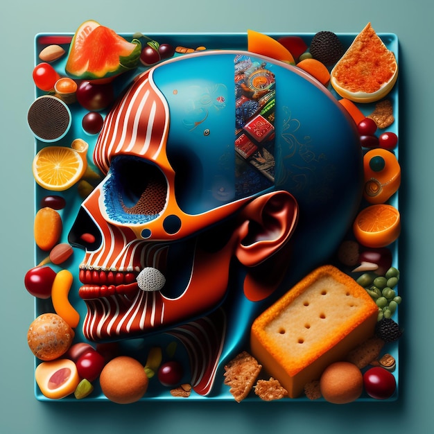 Una pintura colorida de una calavera con una cara azul y colores naranja y rojo.