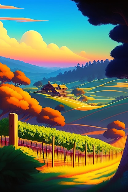 Una pintura colorida de una granja y una casa en la distancia.