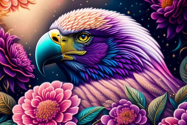 Foto gratuita una pintura colorida de un pájaro con un ojo amarillo y un pico azul.