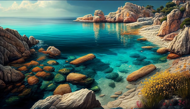 Una pintura de una costa rocosa con rocas y el mar y el sol brillando sobre el agua.