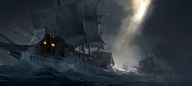Pintura digital de buques de guerra antiguos que viajan en mares agitados.