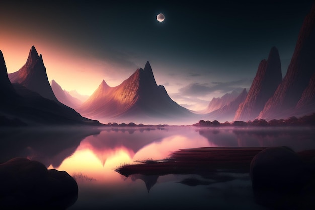 Una pintura digital de montañas y la luna.