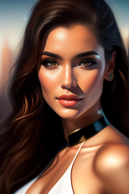 Una pintura digital de una mujer con cabello castaño y un collar de oro.