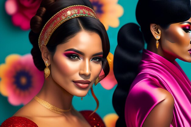 Una pintura digital de una mujer con vestido rojo y aretes dorados.