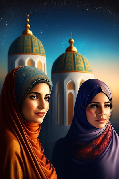 Foto gratuita una pintura de dos mujeres en hiyab y una de ellas se titula 'el mes sagrado'