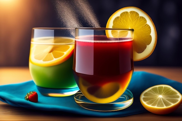 Foto gratuita una pintura de dos vasos de jugo con limones sobre la mesa.