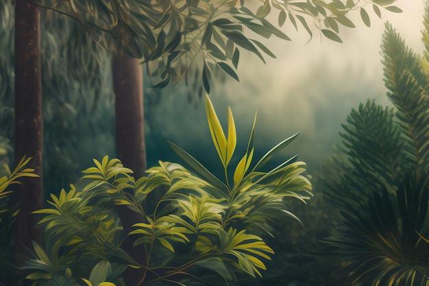 Una pintura de una escena de la selva con una planta verde y una planta de hojas verdes.