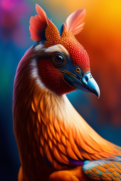 Una pintura de un gallo con un fondo colorido.