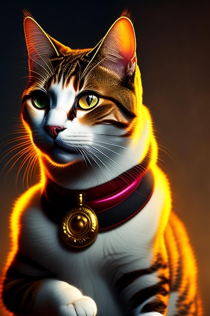 Una pintura de un gato con un medallón de oro en el cuello.