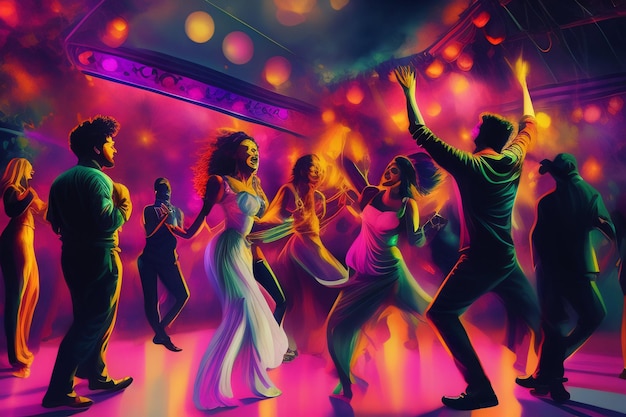 Una pintura de gente bailando en un club con un fondo brillante.