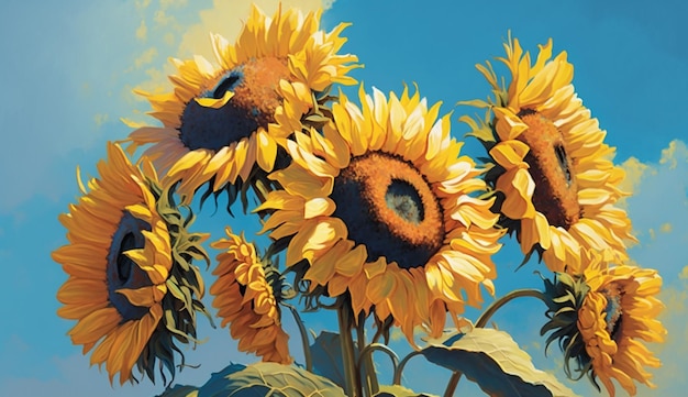 Una pintura de girasoles al sol.