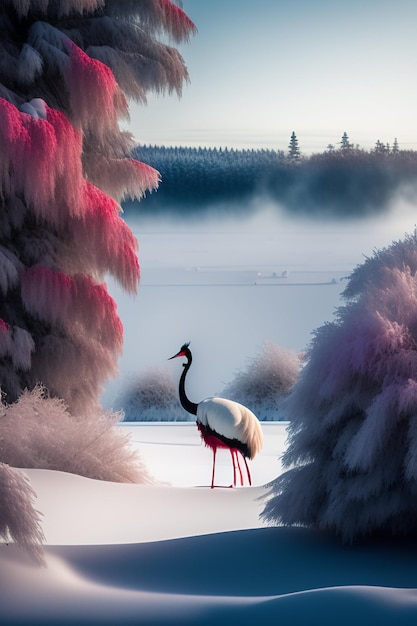 Foto gratuita una pintura de una grulla blanca con hojas rojas y un pájaro blanco en primer plano.